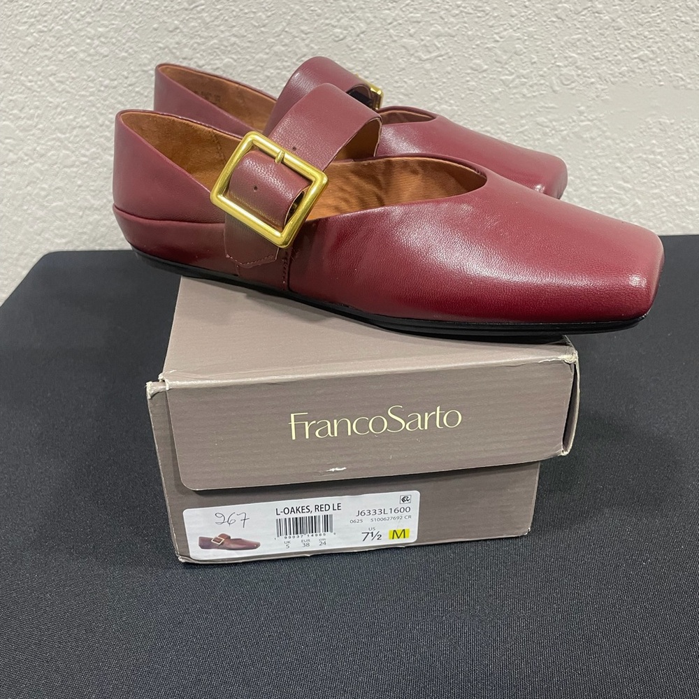 Franco Sarto Red Leather Mary Jane Flats with Gold Buckle